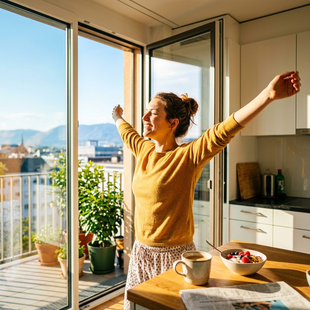 Woman stretching in a brightly lit kitchen near an open balcony door